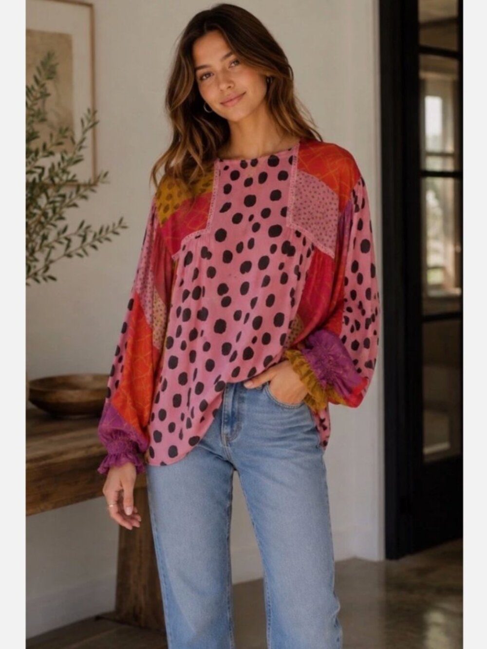Bl^nk Anthropologie Miranda Eclectic Patchwork Polka Dot Peasant Top Petite L - Picture 5 of 16